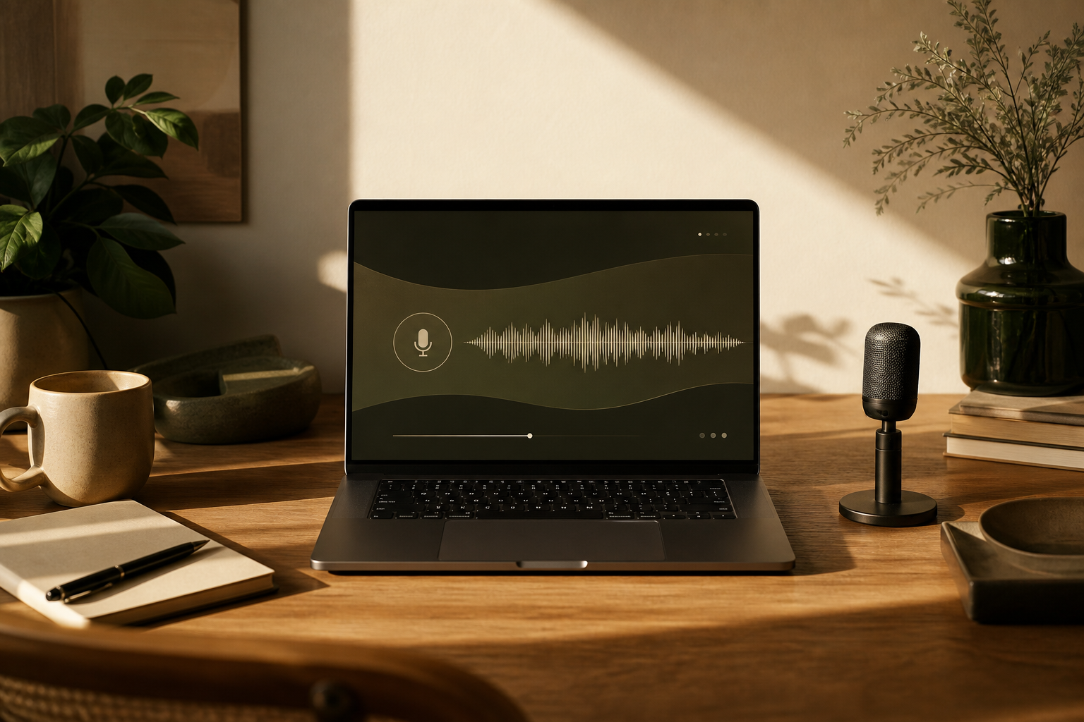 Warm desk setup with a Mac showing a voice waveform interface